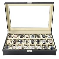 24 Slots Watch Box | Watch Case Display Organizer, Watch Display Case Glass Top for Men Women PU Leather Display Storage Collection Organizer Jewelry Case with Removable Pillows