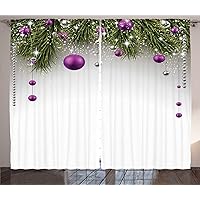 Ambesonne Christmas Curtains, Tree with Tinsel and Ball with Present Wrap Ribbon Celebration Picture, Living Room Bedroom Window Drapes 2 Panel Set, 108