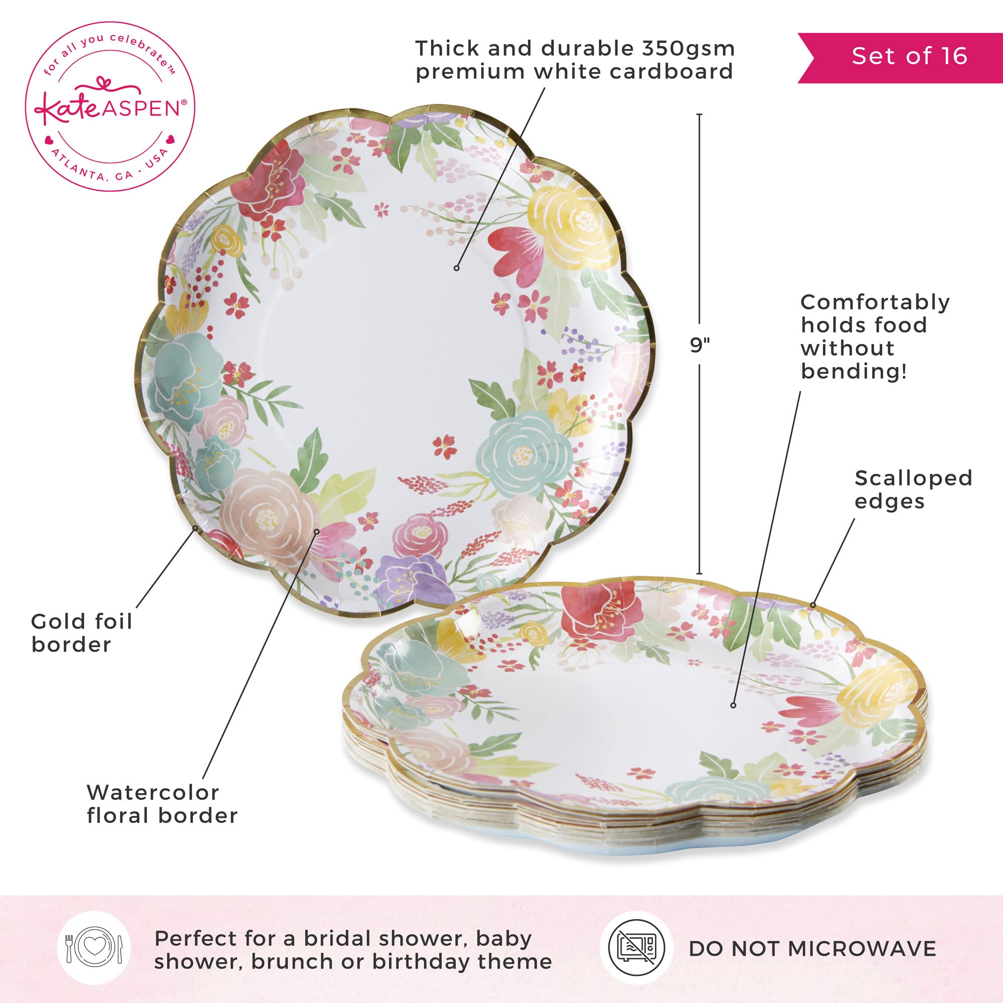 Kate Aspen Garden Blooms 9 in. Premium Decorative Paper Plates | Party Supplies (350 GSM weight -Set of 16) - Perfect for Weddings, Bridal Brunches, Bridal/ Baby Showers