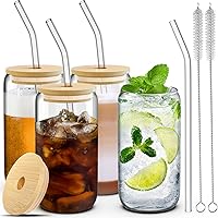 Le'raze Set of 4 Clear Heavy Base Drinking Glasses with Bamboo Lids, Straws  & Cleaning Brush - 16oz.