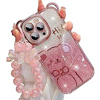 Cute Case for iPhone 13 Pro Max,Bear Pattern Case with Butterfly Pearl Wrist Chain for Women/Girls Gift, Removable Glitter Papper Soft TPU Shockproof Cover 6.7 Inch