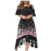 Womens Plus Size Summer Dress Formal Wedding Lace Stitching Floral Ruffle Short-Sleeved Strapless Prom Dress,S-5XL
