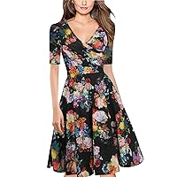 Floral Spring Dresses for Women 2024, Women's Half Sleeve V Neck Pleated Waistband Large Hem Slim Fit, S XXL