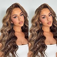Honey Brown Highlight Loose Body Wave Wig Glueless HD Transparent 13X4 Deep Part Invisible Lace Frontal Human Hair Wigs Long Wavy Brazilian Remy Hair Wig Pre Plucked Bleached Knots 180 Density