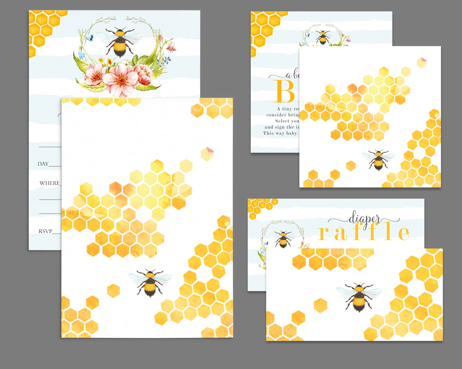 Bumblebee Baby Shower Invitation Bundle (25 Guests) Pack Includes Diaper Raffle Tickets, Bring a Book Cards, Blank Invites with Envelopes - Bee Theme Gender Reveal
