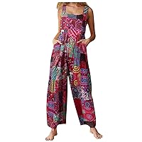 Jumpsuits For Women Casual 2024 Patchwork Dual Pocket Dressy Jumpsuit Boho Print Wide Leg One Piece Overalls Romper