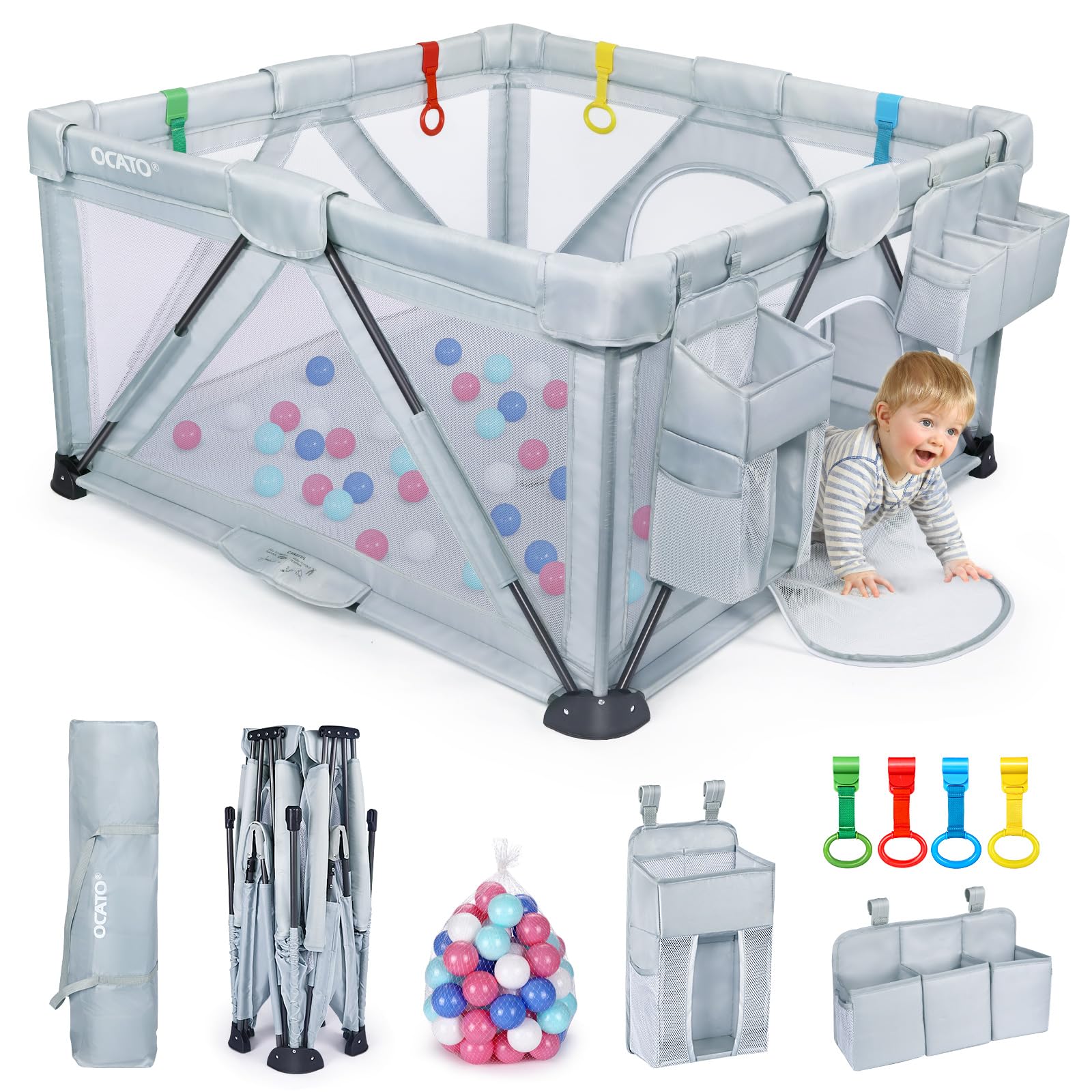 OCATO Baby Playpen: Foldable Playpen for Babies and Toddlers Large Play Pen Portable Playpen Fence Indoor Outdoor Kids Safety Area Travel Play Yard with 2 Storage Bags 4 Handlers 50 Balls (50