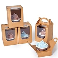 Cupcake Boxes 50pcs, Individual Cupcake Containers Brown with Window Insert and Handle, Pastry Box Single Muffins Holder Disposable for Bakery Wrapping Party Favor Packaging