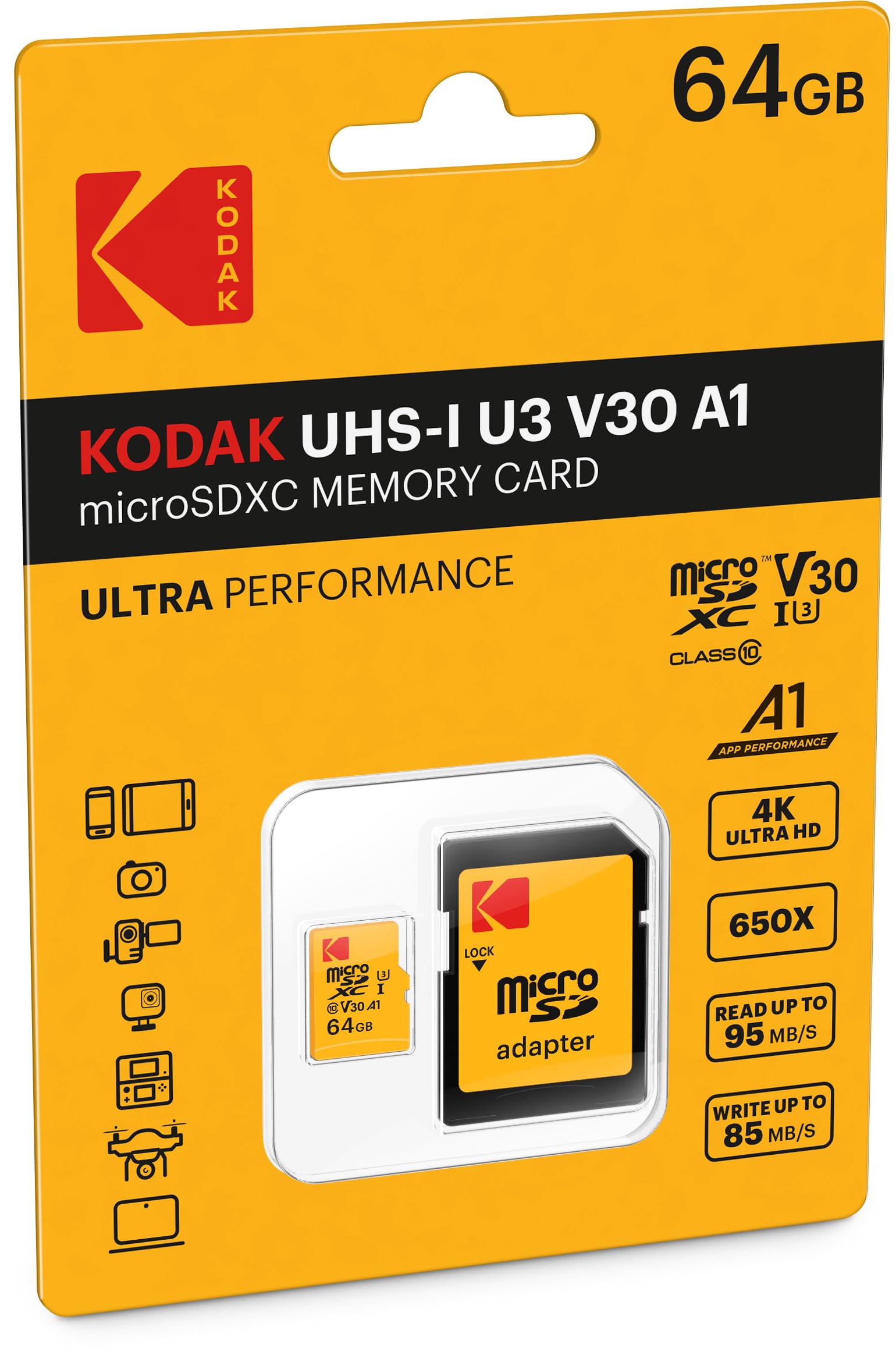 KODAK 64GB UHS-I U3 V30 A1 Extra Performance microSD with Adapter