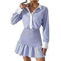 GIESSO Women's Short Dresses Casual Striped Print Ruffle Hem Shirt Dress