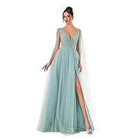 Women's Sexy Deep-V Neck A-Line Tulle Sequin Maxi Formal Dress, Long Patchwork Cape Lace-up Gala Gown