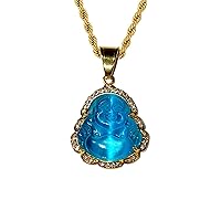 Laughing Buddha Skyblue Blue Jade Iced Diamond Pendant Gold P Rope Chain Necklace14k Genuine Certified Grade A Jadeite Jade Hand Crafted, Natural Sky Blue Obsidian Healing Mala Statue Prayer