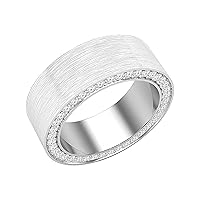 Dazzlingrock Collection Round Gemstone or Diamond Edge Studded Flat Brushed Texture Dual Side Eternity Style Wedding Band for Men or Women in Gold & Platinum