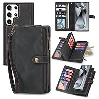 for Samsung Galaxy S24 Ultra Wallet Case with Card Holder, Detachable Magnetic Phone Case for S24 Ultra,PU Leather All-Round Protective Phone Case Wallet with Wrist Strap,Black