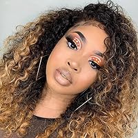 Highlights Ombre 1B/Blonde Colored Afro Kinky Curly Human Hair Wigs 13x6 HD Transparent Lace Frontal Wig Pre Plucked Baby Hair for Black Women Glueless Brazilian Loose Deep Wave Wig 18