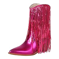 Fringe Western Cowboy Boots for Women Chunky Heel Pointed Toe Pull On Rhinestones Embroidered Tassel Boots Mid Calf Boots