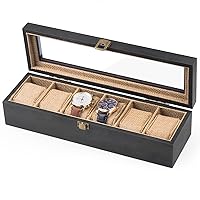 Alsonerbay Watch Box 6 Slot Watch Display Case for Men Women, Black Watch Organizer Lockable Wooden Storage Holder for Wrist Watches, with Glass Lid and Removable Pillow