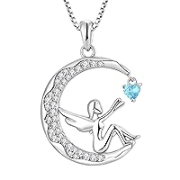 FJ Guardian Angel Pendant Necklace 925 Sterling Silver Moon Necklace with Heart Birthstone Cubic Zirconia Jewellery Gifts for Women Girls