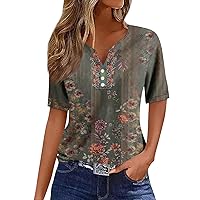 Short Sleeve Henley Top,Womens Tops V Neck Henley Button Sequin Floral Print Y2K Tee Shirts Fashion Button Down Boho Hawaiian Blouse Trendy Tops