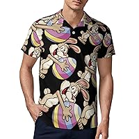 Easter Bunny Holding A Big Egg Men's Polo Shirt Short Sleeve Sport Shirts Casual Golf T-Shirt for Work Fishing