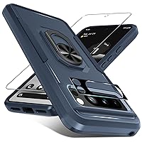 Janmitta for Google Pixel 8 Pro Case with Screen Protector + Camera Lens Protector,Heavy Duty Shockproof Full Body Protective Cover Built in Rotatable Metal Ring Holder Kickstand,2023 Navy Blue