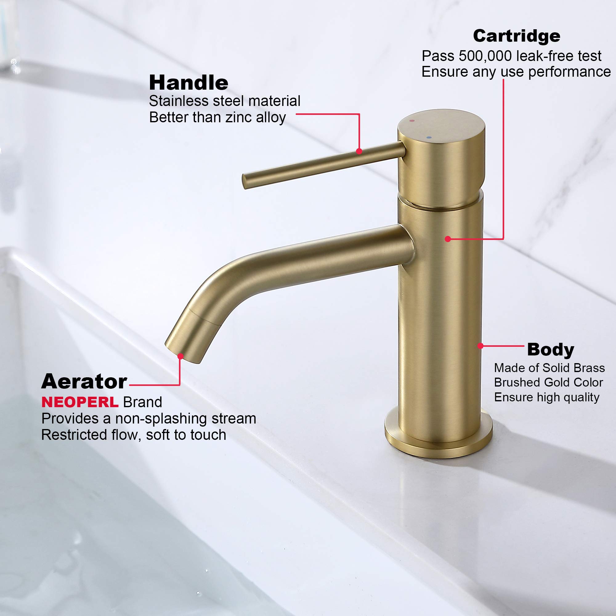 JXMMP Brushed Gold Bathroom Faucet, Single Handle Brass Sink Faucet Bathroom Single Hole with Pop Up Sink Drain Assembly and Water Faucet Supply Lines