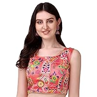 Aashita Creations Women's Phantom Silk Floral Sleeveless Saree Blouse_Peach Color_1270