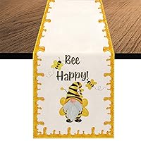 Watercolor Bee Happy Gnome ​Table Runner, Seasonal Summer Holiday Farmhouse Kitchen Dining Table Runner for Home Decor 13 x 70 Inch