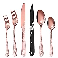 EUIRIO 36-Piece Rose Gold Silverware Set with Steak Knives, Flatware Set for 6, Stainless Steel Mirror Cutlery Set, Spoons Forks Knives Set with Unique Floral Laser, Eating Utensils, Dishwasher Safe