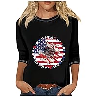 Women's Casual Independence Day O-Neck T-Shirt Loose Sunflower Butterfly Print 3/4 Sleeve T-Shirt Top Summer