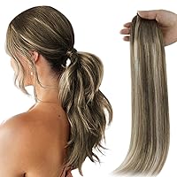 Full Shine Real Human Hair Ponytail Color 6 Fading to 6 Brown and 60 Platinum Blonde 80Grams Hair Extensions Ponytail Long Straight For Women 22Inch Hair Extensions Real Human Hair