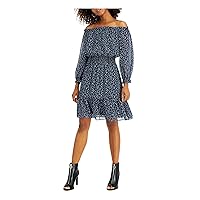 Womens Black Ruffled Sheer Lined Floral Long Sleeve Off Shoulder Knee Length Party Fit + Flare Dress S