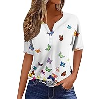 Summer Women's Top 2024, Short-Sleeved Button-Down V-Neck Shirt Women's Casual Loose Work Top Geometric Printed T-Shirt