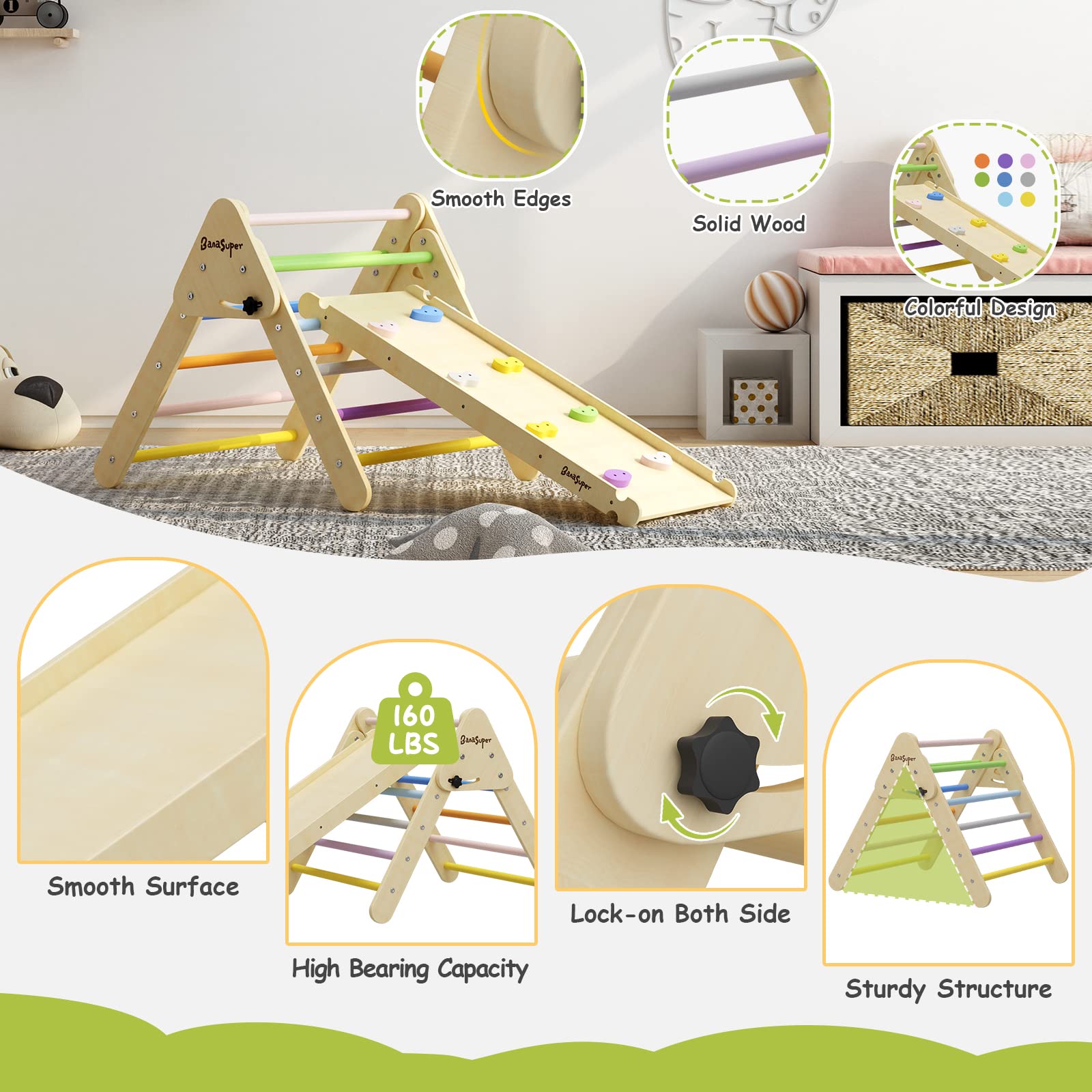 BanaSuper Colorful 2 in 1 Triangle Climber with Ramp Foldable Wooden Climbing Triangle Ladder Set Toddler Montessori Climbing Toys for Baby Ourdoor Indoor Playground Play Gym Gift for Boys Girls