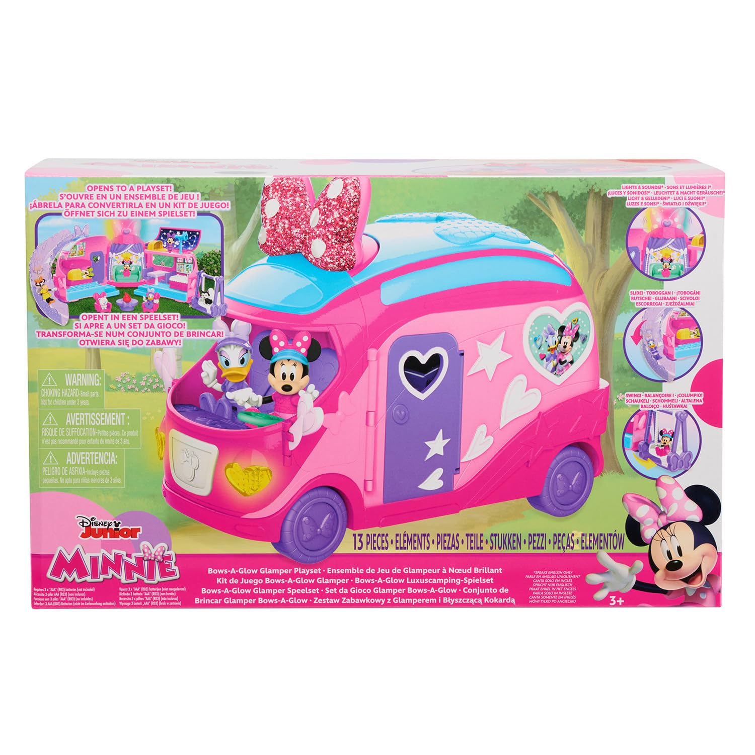 Disney Junior Minnie Mouse Bows-A-Glow Rolling Glamper 13-piece Figures and Playset, Officially Licensed Kids Toys for Ages 3 Up, Gifts and Presents, Amazon Exclusive