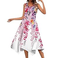 Sun Dresses for Women 2024 Vintage Dress for Women 2024 Floral Print Casual Flowy Elegant Slim Fit with Sleeveless Round Neck Swing Dresses Light Pink Large