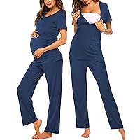 Ekouaer Women's Maternity Nursing Pajamas Sets Breastfeeding Printed Sleepwear Short Sleeve 2 Pcs Henley Top and Pants Set
