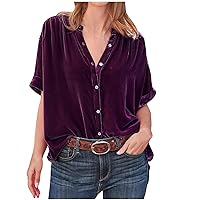Womens Regular Fit Velvet Tops Comfy Button Down Shirts Boyfriend T Shirt Loose Short Sleeve Work Blouses Tops