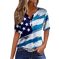 Summer Casual Short Sleeve Tops for Womens Flag Day USA Printed Independence Day V Neck Tshirt Tees
