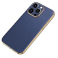 Genuine Leather Case for iPhone 15 Pro Max/15 Pro/15 Plus, Electroplated Ultra Thin Phone Cover with Full Coverage Lens Luxury Soft Case,Blue,15 Pro''