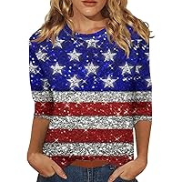 Womens 3/4 Length Sleeve Summer Tops Patriotic 4Th of July Shirts Casual Crew Neck Blouses Flag Printed Graphic Tees