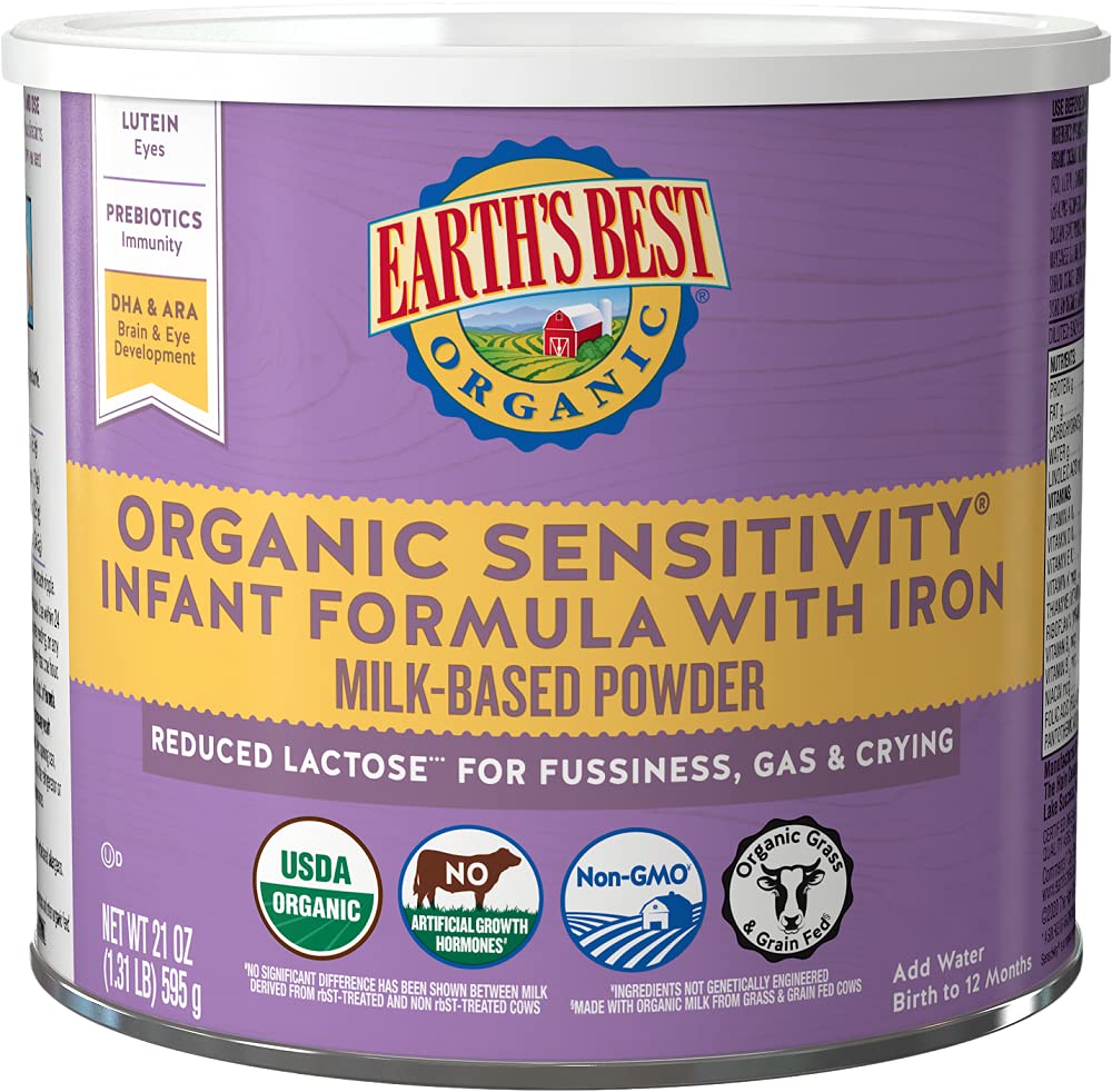 Earth's Best Organic Sensitive Baby Formula for Babies 0-12 Months, Reduced Lactose Powdered Infant Formula with Iron, Omega-3 DHA, and Omega-6 ARA, 21 oz Formula Container