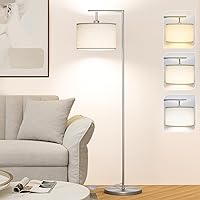 Floor Lamp for Living Room with 3 Color Temperatures Standing Lamp with Adjustable Beige Linen Lampshade Tall Lamps for Bedroom Office Classroom Dorm Room, 9W LED Bulb Included, Silver