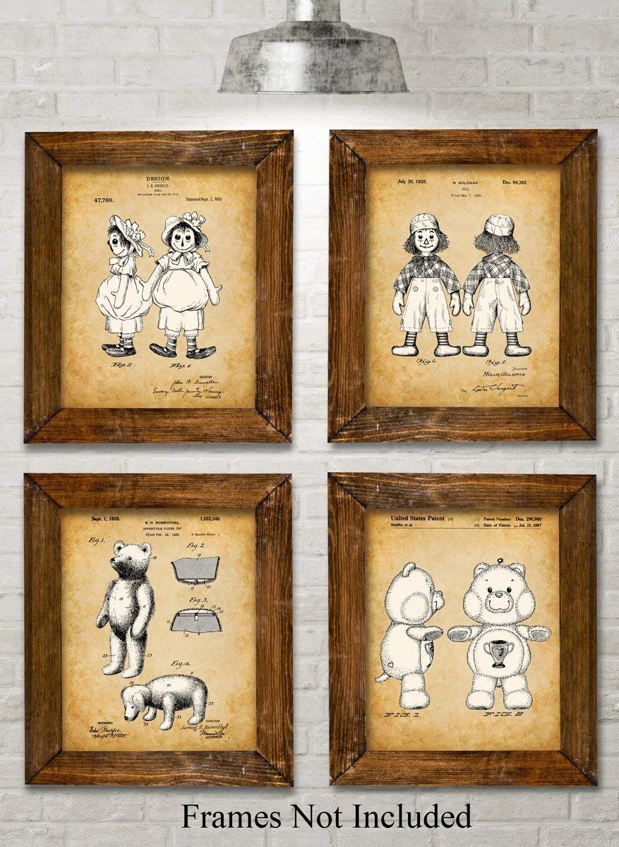 Original Dolls Patent Art Prints - Vintage Children's Room Decor and Nursery Wall Art, Kids Playroom Accessories and Baby Room Vintage Display, Set of 4 Photos - 8x10 Unframed Art Print Posters