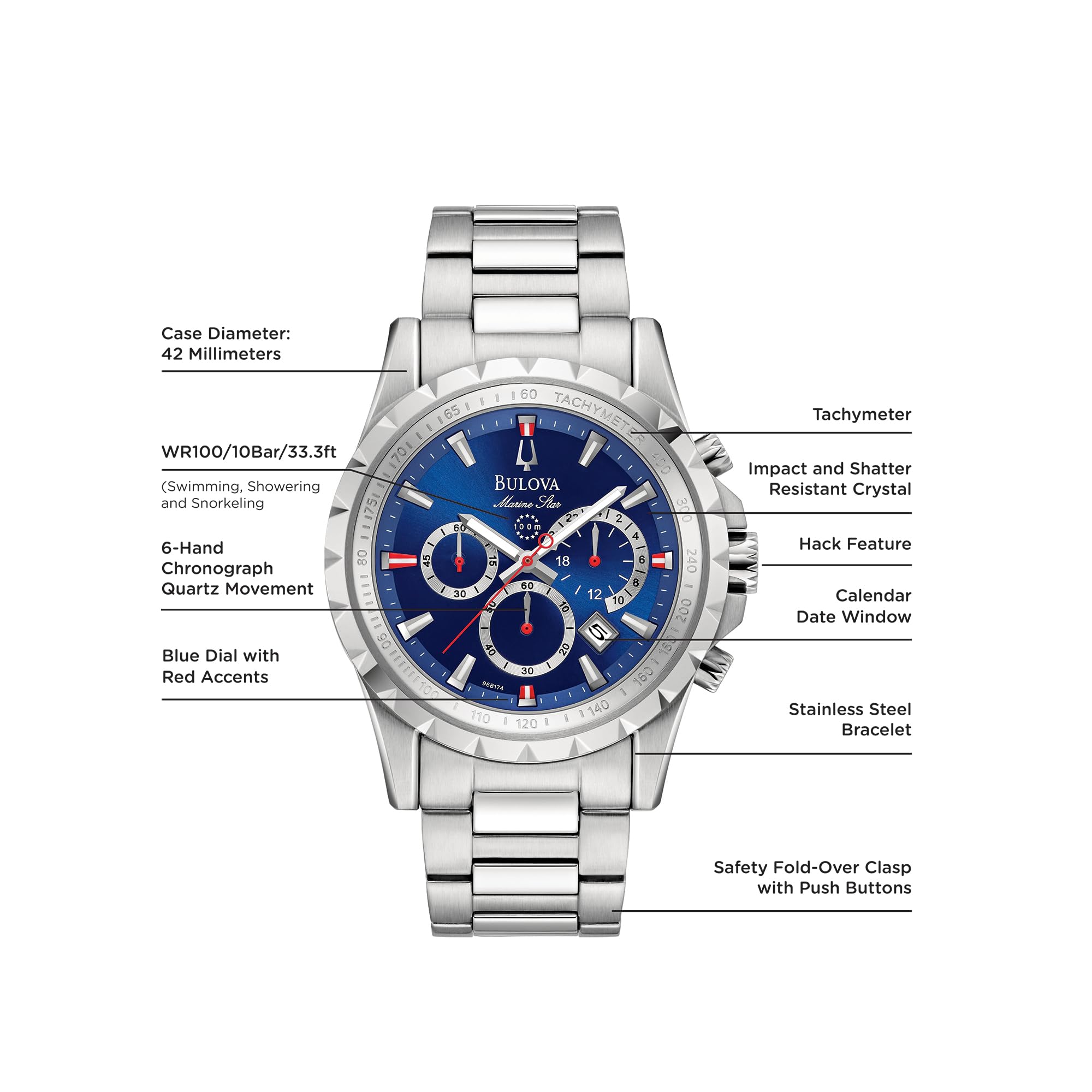 Bulova Men’s Marine Star 6-Hand Quartz Chronograph Stainless Steel Watch, Blue Dial, Tachymeter, 100M Water Resistant (Model: 96B174)
