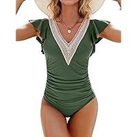 Blooming Jelly Women Tummy Control Swimsuits One Piece Slimming Modest Bathing Suits Ruffle Lace V Neck Swim Suits 2024