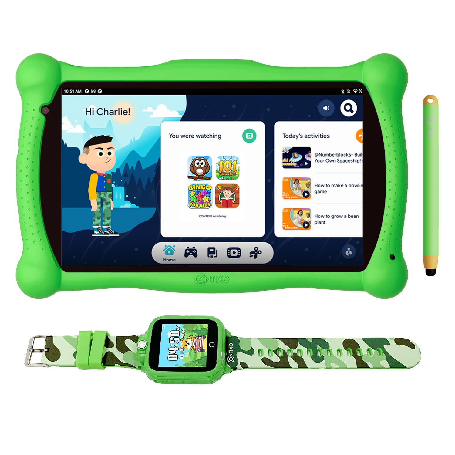 Contixo Kids Tablet, V10 7 Inch Tablet for Kids and Smart Watch Bundle, 2GB 32 GB Toddler Tablet with Bluetooth, with Smart Watch/Touch Screen, Camera, Video and Audio Recording, MP3 Player-Green
