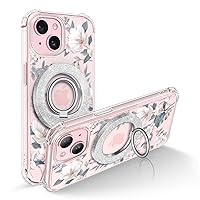 GVIEWIN Bundle - Compatible with iPhone 15 Magnetic Case Floral (Magnolia) + Magnetic Phone Ring Holder (Pink)
