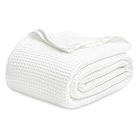 Bedsure 100% Cotton Blankets Queen Size for Bed - Waffle Weave Blankets for Summer, Lightweight and Breathable Soft Woven Blankets for Spring, White, 90x90 Inches