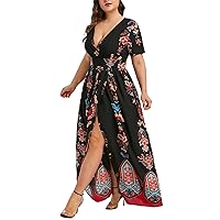 Plus Size Maxi Dress for Women V Neck Floral Printed Short Sleeve Summer Casual Long Dress for Beach and Vacation